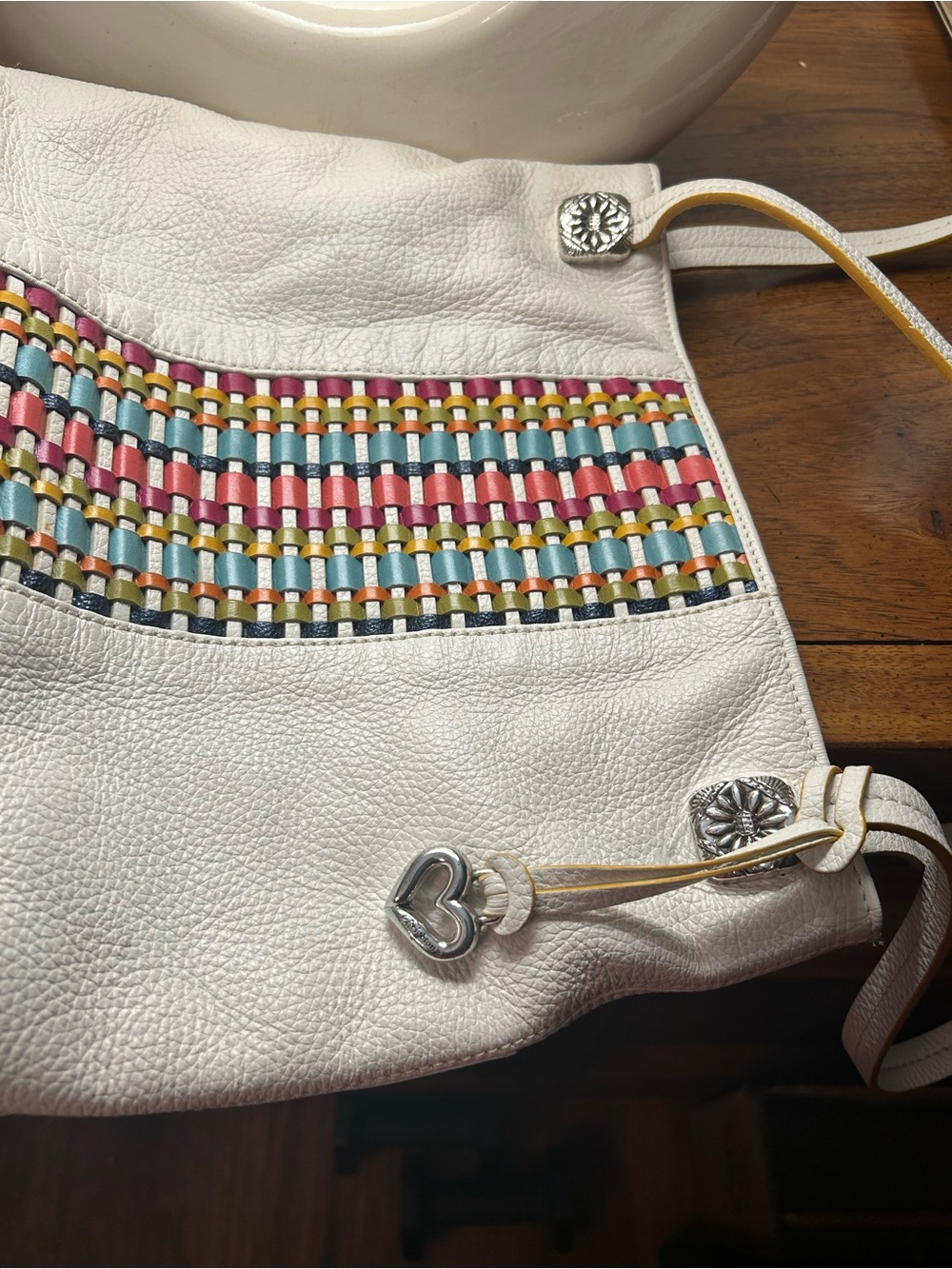 Brighton White Leather Shoulder Bag with Multicolor Woven Trim